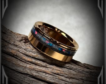 18K Gold Ring with a Meteorite and Opal Inlay, Handmade Jewelry, Made in Canada