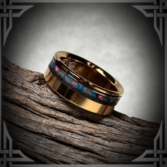 18K Gold Ring with a Meteorite and Opal Inlay, Handmade Jewelry, Made in Canada