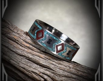 Titanium Ring: Turquoise, Red Jasper & Black Jade Inlay, Native American Pattern