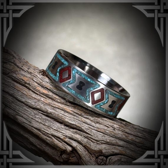 Titanium Ring: Turquoise, Red Jasper & Black Jade Inlay, Native American Pattern