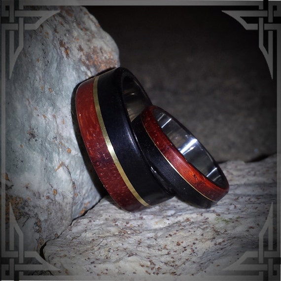 Ebony & Padauk wood a Brass Inlay on Titanium. Jewelry, Any Occasion. Men's Wedding Bands, Wedding Rings