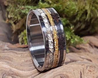 Handmade Titanium Wedding Band, Meteorite Dino Tooth Inlay, 24K Gold