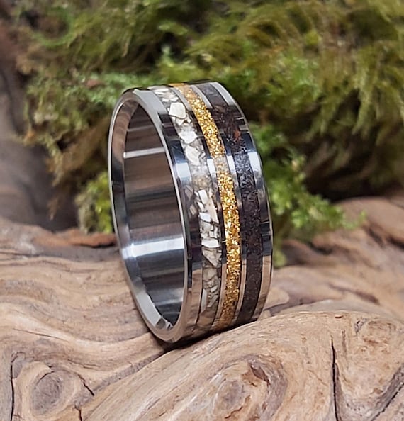 Handmade Titanium Wedding Band, Meteorite Dino Tooth Inlay, 24K Gold