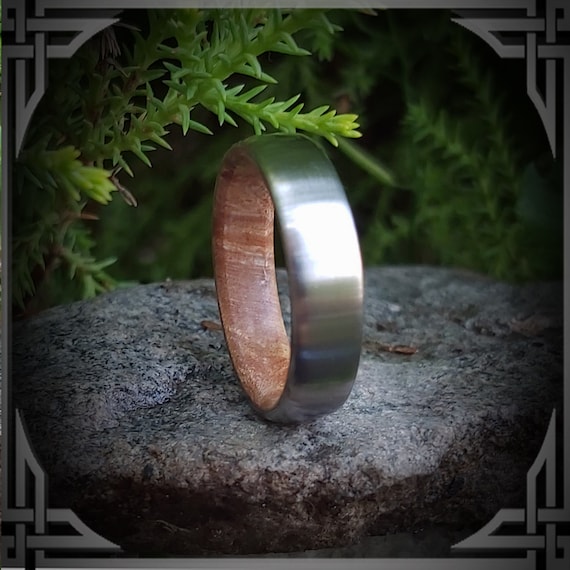 Brushed Titanium Ring, Maple Burl Wood Core, Waterproof Shield