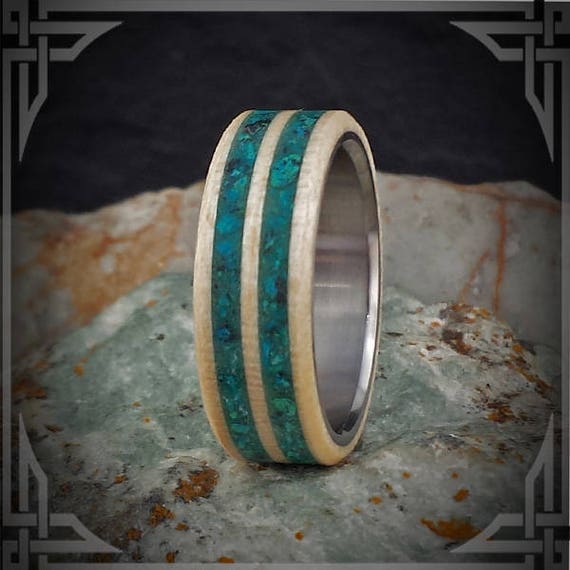 Chrysocolla in Maple Wood on Titanium.  Jewelry, Any Occasion. Men's Wedding Bands, Wedding Rings