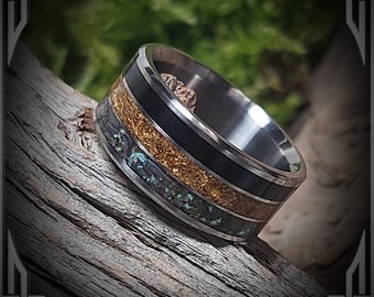 Titanium Ring, 24K Gold, Petrified Wood & Abalone Inlay, Handmade