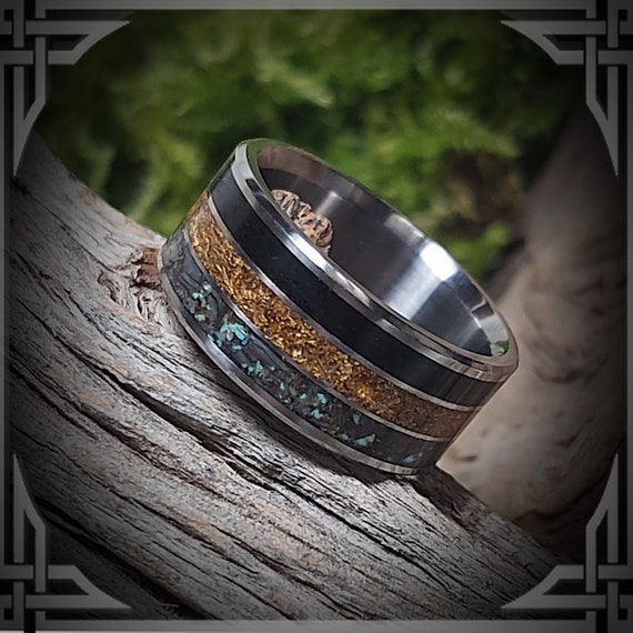 Titanium Ring, 24K Gold, Petrified Wood & Abalone Inlay, Handmade