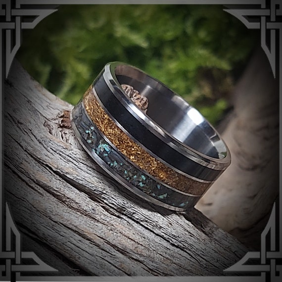 24 Karat Gold, Petrified Wood and Abalone Shell in Titanium. Jewelry, Any Occasion. Men's Wedding Bands, Wedding Rings