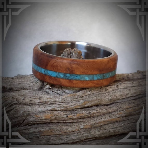 Turquoise In Amboyna Burl on Titanium. Jewelry, Any Occasion. Men's Wedding Bands, Wedding Rings