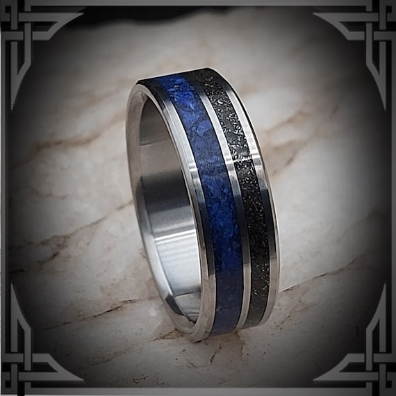 Meteorite & Lapis in Titanium. Handmade Jewelry, Any Occasion. Men's Wedding Bands, Wedding Rings