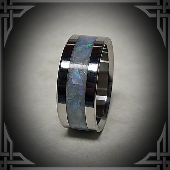 Australian Opal medium grove in Titanium  . Jewelry, Any Occasion. Men's Wedding Bands, Wedding Rings