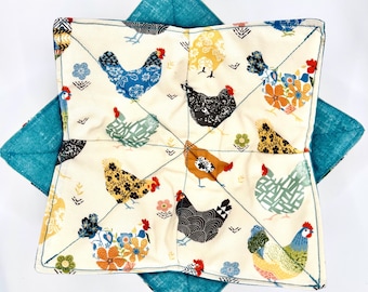 Handmade Chicken Print Bowl Cozy: Reversible Microwave Potholder