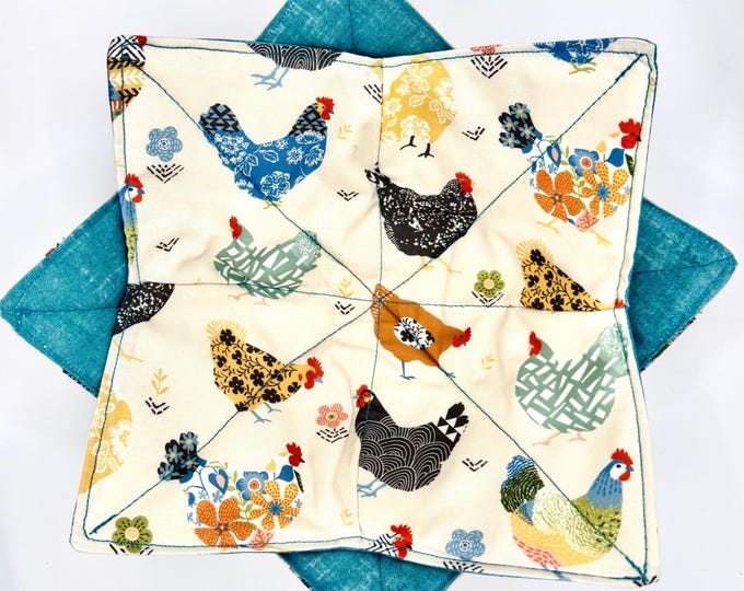 Handmade Chicken Print Bowl Cozy: Reversible Microwave Potholder