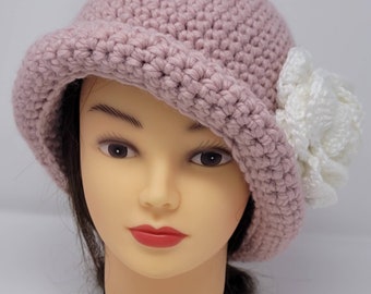 Cloche Hat with Rose - handmade - rolled brim - christmas