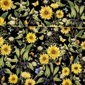 May include: A fabric featuring a dense botanical print on a black background, showcasing yellow sunflowers, green leaves, small white flower clusters, dark berries, and various colorful butterflies and small birds scattered throughout the pattern.
