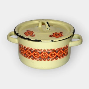 Vintage Yellow Enamel Bowl with orange pattern in cross stitch style, Small Enameled Pot With Lid, Yellow Country kitchen Enamelware