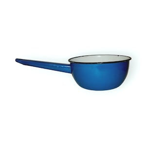 May include: A blue enamel saucepan with a long handle. The interior is white, and the rim is outlined in black. The saucepan is designed for cooking and has a classic, vintage aesthetic.