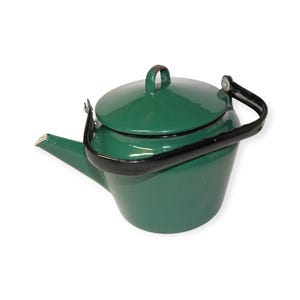 Vintage Green Enamel Kettle, big Soviet enameled water stove kettle, shabby Farmhouse enamelware