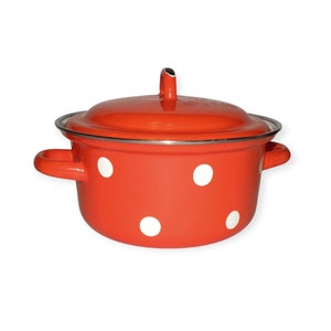 May include: Orange enamel pot with a white polka dot pattern and a lid.
