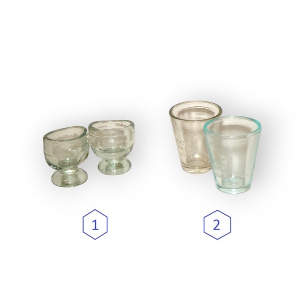 Vintage Medical Glass - sets of 2 medical cups and 2 apothecary jars for eye washing, Soviet medical glass, old apothecary glass