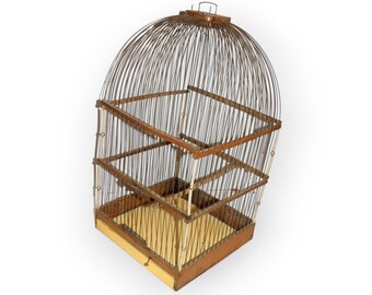 Grande cage à oiseaux vintage en bois, cage à perroquet soviétique en bois et fil de fer, cage décorative rétro pour la maison