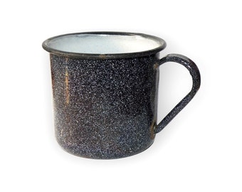 Vintage Speckled Enamel Mug Black & White, Rustic kitchen enamelware