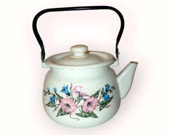 Vintage Floral Enameled Kettle, Shabby Pink Blue Floral Stove Kettle, Decorative Enamel Tea Pot, Unusual Metal Planter