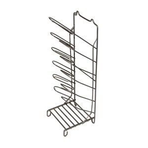 May include: A silver metal rack for storing and organizing plates. The rack has a rectangular base and multiple tiers of wire shelves.