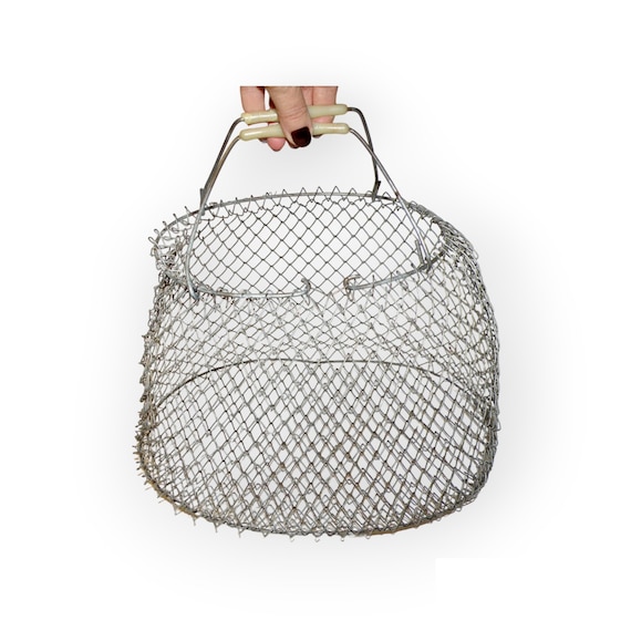 Vintage wire mesh basket for fish eggs mushroom, Soviet metal mesh market bag, 70-s shopping collapsible basket