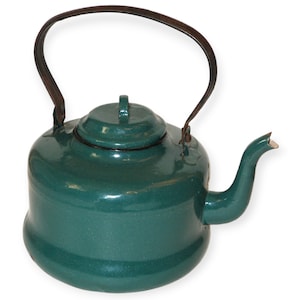 May include: A green enamel teapot with a black metal handle. The teapot has a round body and a spout on the side.