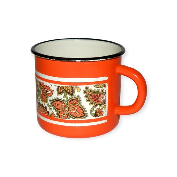 Vintage enamel mug with orange floral pattern, Soviet red metal enamel tea coffee mug