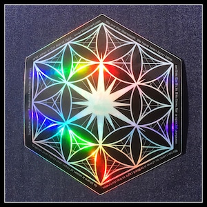 May include: A black and white geometric design with a rainbow iridescent effect. The design is a flower of life pattern with the text "We are the Starseeds. We have been born here on this Earth in this time for a special purpose. We've come to shine a brilliant Light in the darkness... to share a vision of Hope, and Unity, and Healing. Together, we will Awaken from the illusion and usher in the Age of Light, innerVision-art.com" around the perimeter.