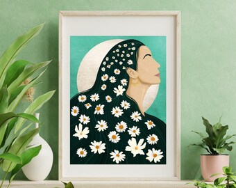 Flower Power|| Asian Woman as Field of Daisies || Digital Modern Art Print