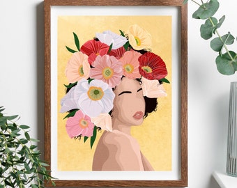 Flower Power | Woman of Color with Floral Hair| Digital Modern Art Print
