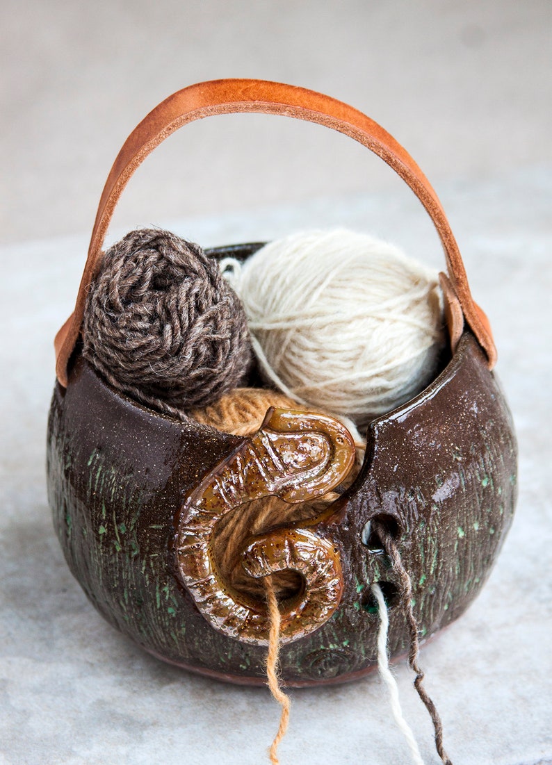Handmade Ceramic Yarn Storage Bowl With Leather Handle Size Etsy