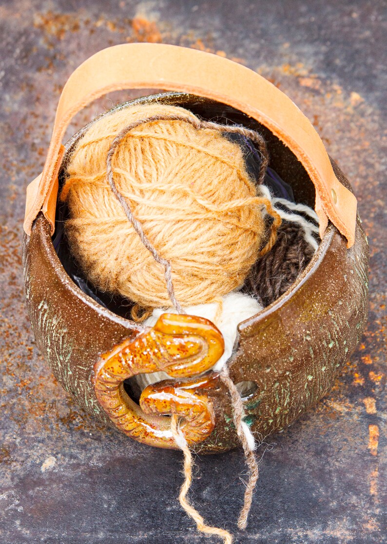Handmade Ceramic Yarn Storage Bowl With Leather Handle Size Etsy