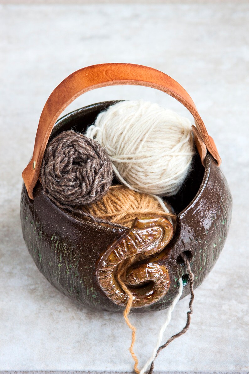 Handmade Ceramic Yarn Storage Bowl With Leather Handle Size Etsy