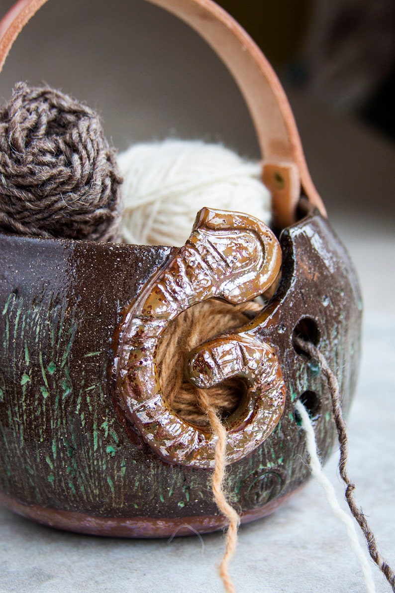 Handmade Ceramic Yarn Storage Bowl With Leather Handle Size Etsy