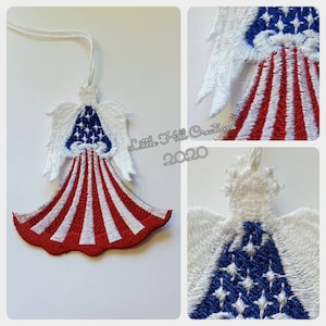 May include: Embroidered angel ornament with a patriotic design. The angel's upper body features a blue field with white stars, while the lower portion displays red and white stripes. The wings and trim are white. Includes the text "Little Hill Creations 2020".