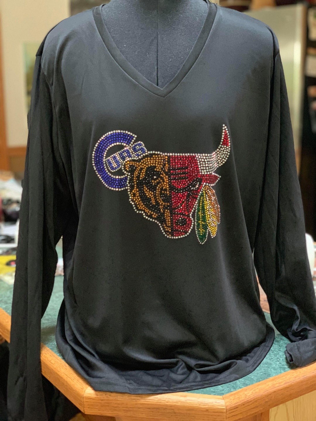 CUBS BEARS BLACKHAWKS Bulls Rhinestone Long Sleeve Shirt Small Med