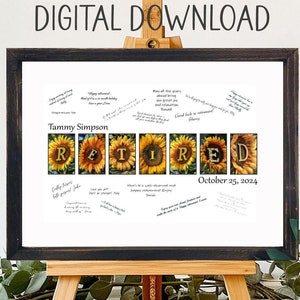 Alternative imprimable à la carte signature des retraités tournesol, fête de départ à la retraite pour femmes, livre d'or unique pour collègue, cadeau d'adieu pour patron