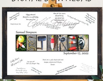 Download para impressão, Livro de assinaturas alternativo para aposentadoria de pesca, presente de assinatura, foi pescar, colega de trabalho aposentado, presente de pesca para homens