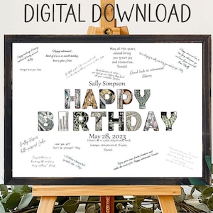 Téléchargement imprimable, alternative au livre d'or joyeux anniversaire argent, carte d'anniversaire unique sur le thème de l'argent du groupe, signature du tableau des invités