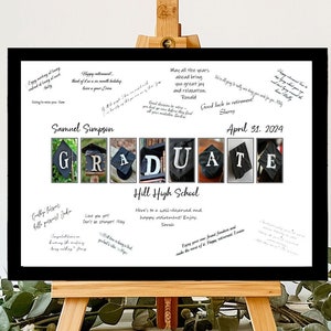 May include: A black and white graduation sign with the word "GRADUATE" spelled out in black graduation caps. The sign is decorated with photos of the graduate and messages from well-wishers. The sign is dated "April 21, 2024" and includes the name "Samuel Simpson" and the school name "Hill High School".