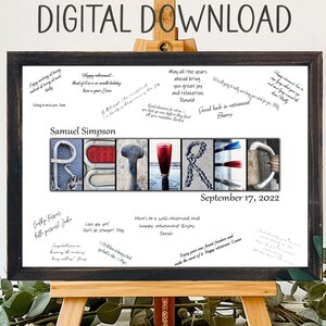 May include: A black framed sign with the word "RETIRED" spelled out in colorful photos. The sign is on a small wooden easel. The sign is decorated with handwritten messages and the name Samuel Simpson. The date September 17, 2022 is written on the sign.