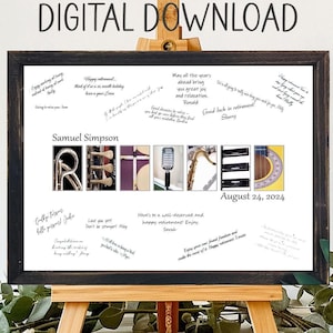 Instrument de musique imprimable, alternative au tableau signature à la retraite, fête de retraite musicale, livre d'or unique pour collègue, cadeau d'adieu pour patron