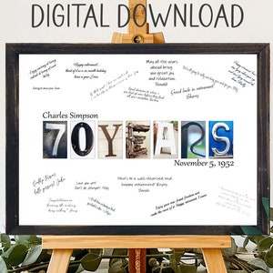 Digitale download, 70 jaar oude gepersonaliseerde verjaardag, alternatief gastenboek, handtekeningen verjaardagskaart, afdrukbare download