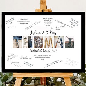 May include: A white sign with a black frame on a wooden easel. The sign has a black and white photo collage of the letters "THOMAS" made from various tools. The text "Joshua & C. Kay" and "Established June 17, 2022" is written in black cursive.