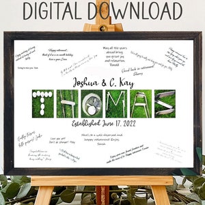 May include: A white sign with a black frame on a wooden easel. The sign has a green background with golf-themed images spelling out the name "THOMAS". The text "Joshua & C. Kay" and "Established June 17, 2022" is also on the sign.