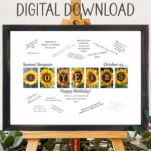 Libro de visitas imprimible, alternativa para fiesta de 10 años con girasoles, tarjeta de cumpleaños única, fiesta de 10.° cumpleaños, 10.° aniversario, años de servicio
